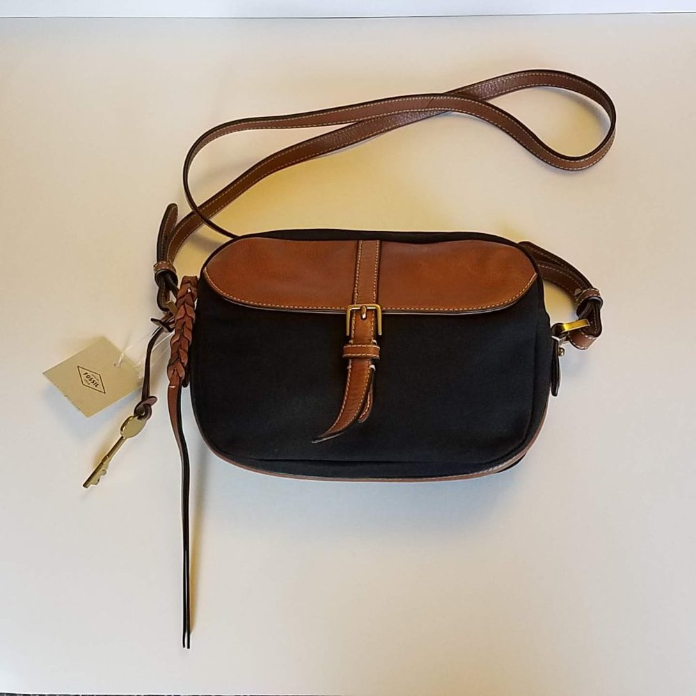 Fossil Kendall Crossbody Purse - Black Twill and Leather - NWT
